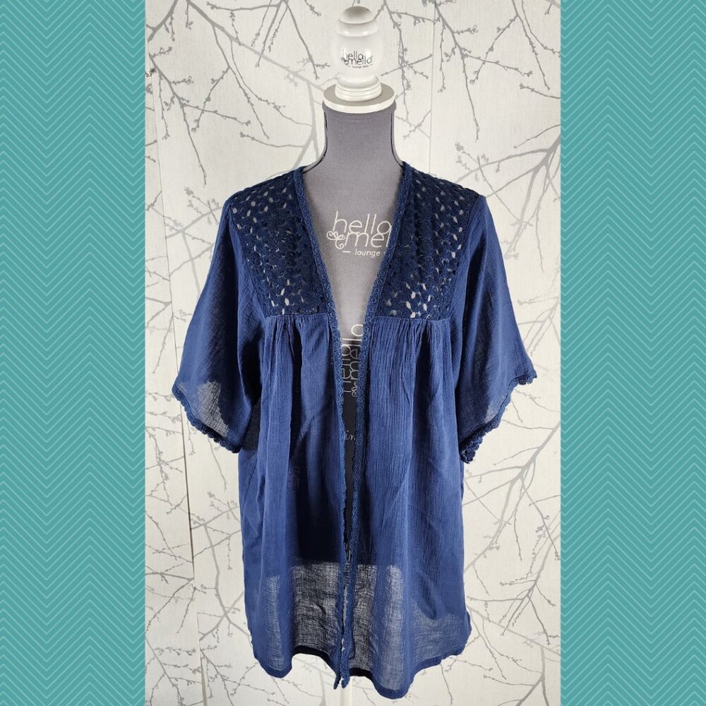 Kori America Blue Cotton Blend Lace Panel Kimono Style Cardigan